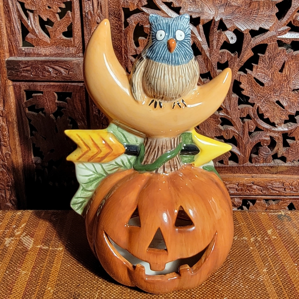Sakura Debbie Mumm Ceramic Tealight Candle Holder Pumpkin Owl